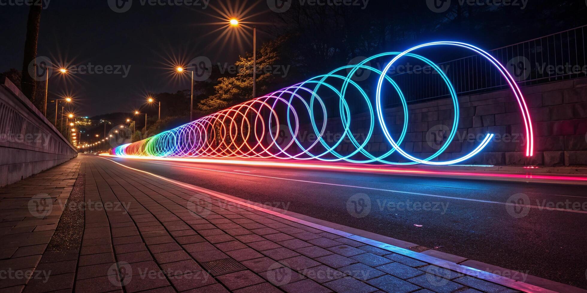 A long-exposure light painting with neon streaks, showcasing smooth, flowing lines with a sharp photo
