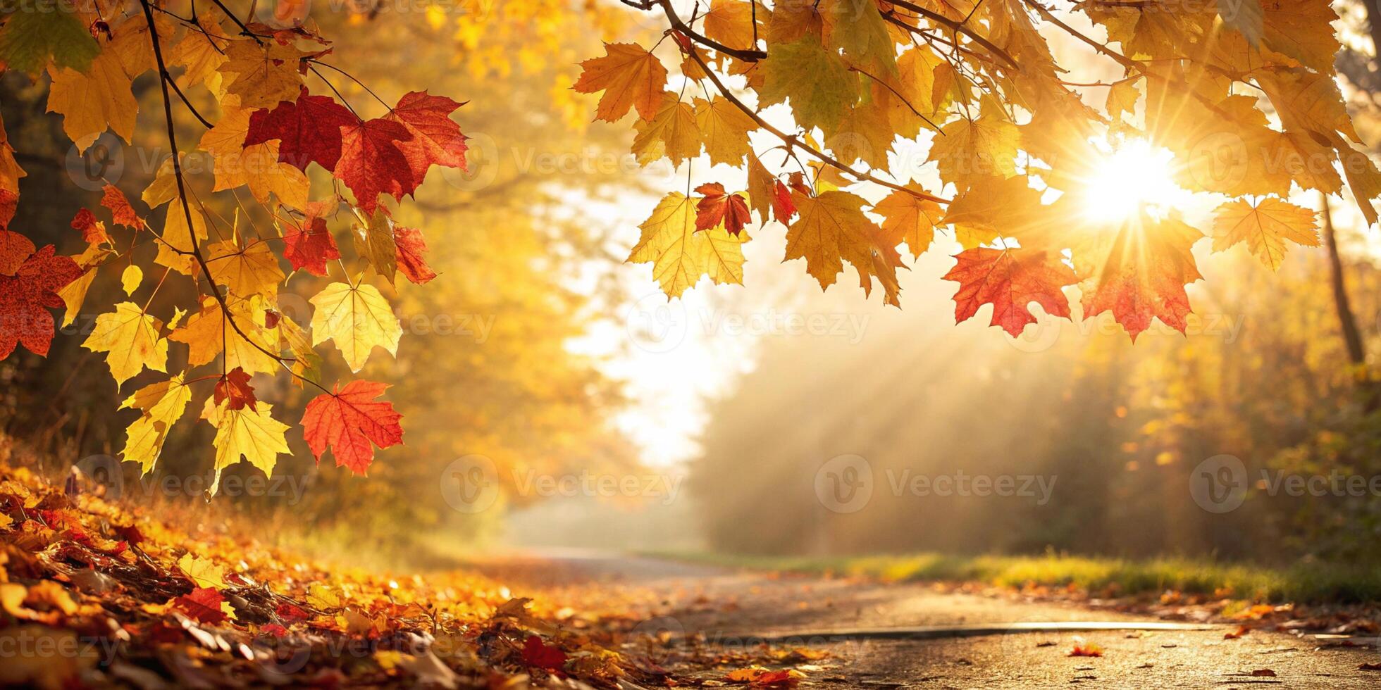 Sunlight filtering through autumn leaves, creating a warm, golden abstract pattern of light photo