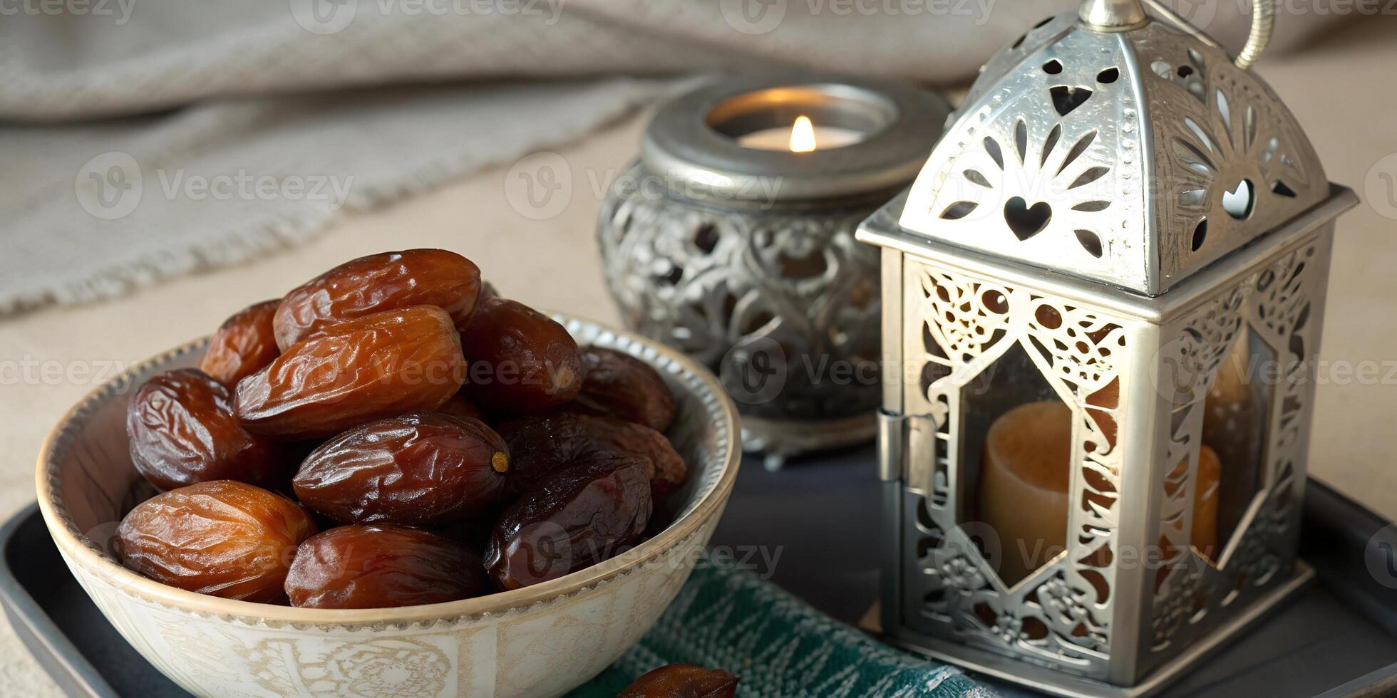 A shot of a bowl filled with glossy, dates, sitting beside an elegantly carved silver lantern photo