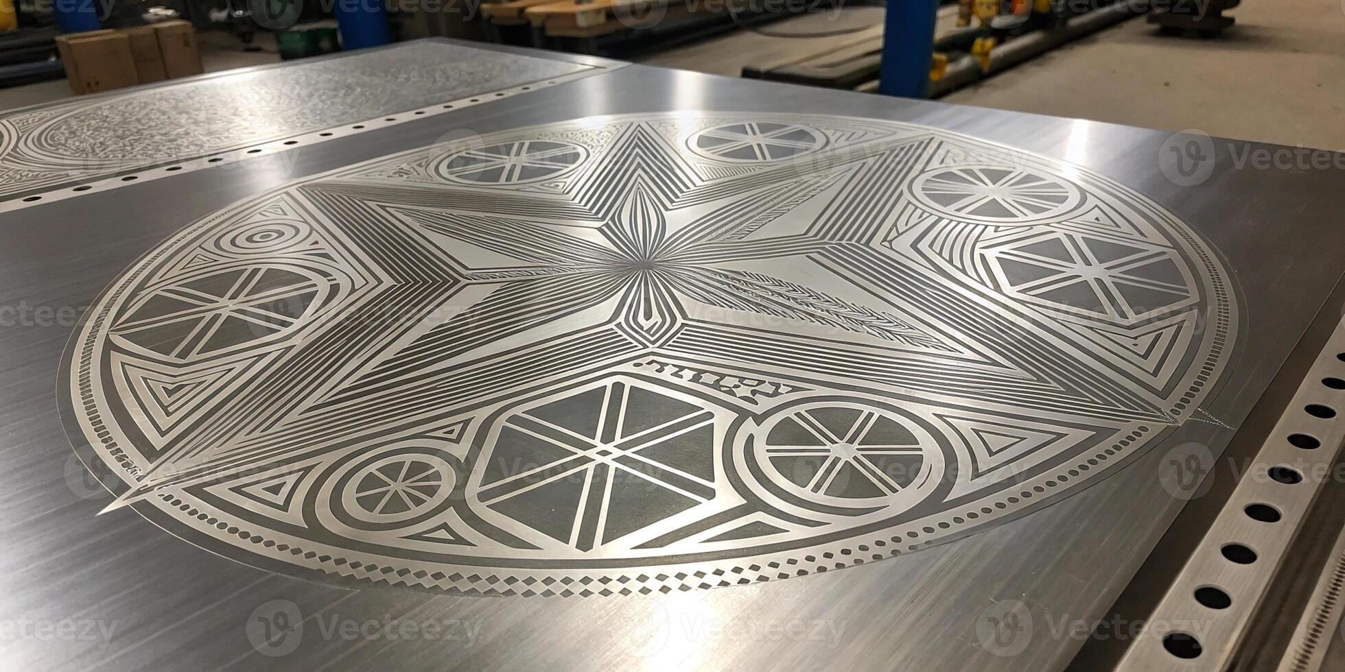A metallic surface with laser-etched geometric patterns, creating depth and futuristic appeal. photo