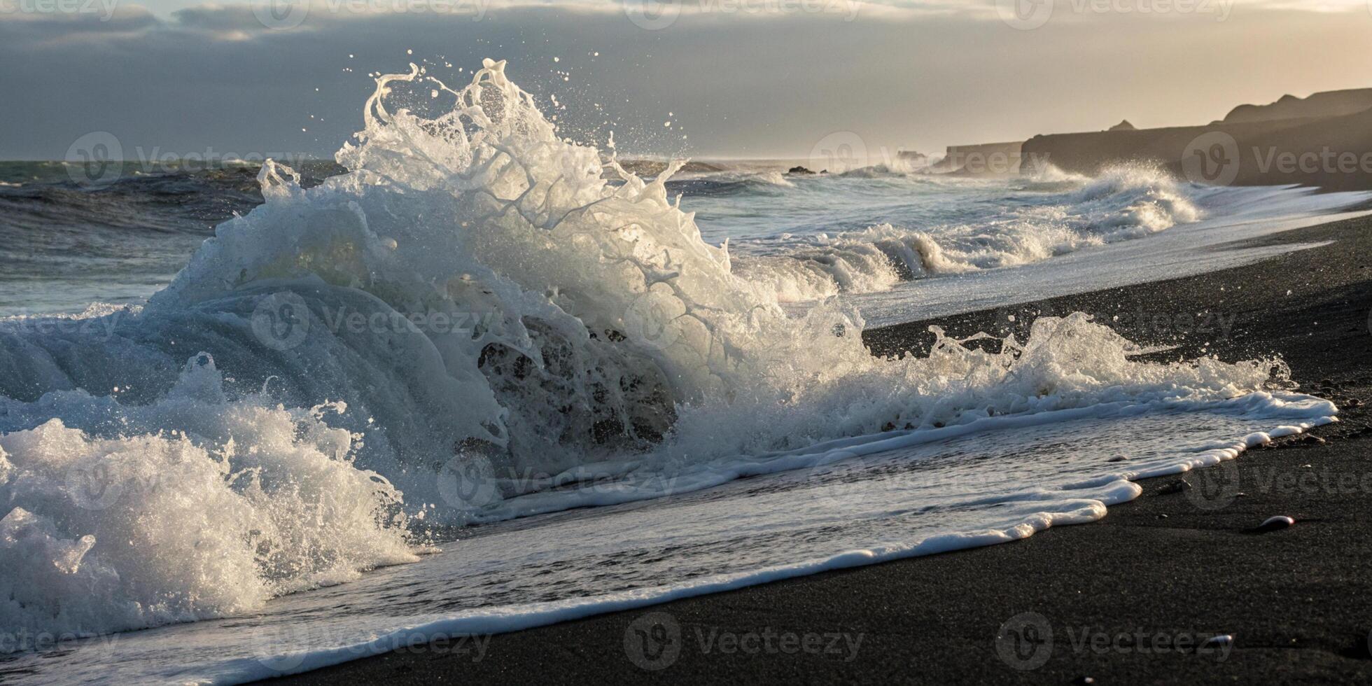 A wave frozen in time crashing on black volcanic sand, showcasing individual droplets and foamy photo