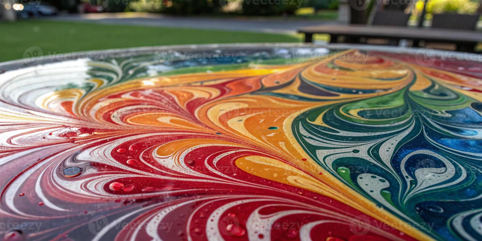 A swirl of vibrant paint on a glass surface, forming intricate fluid patterns with glossy photo
