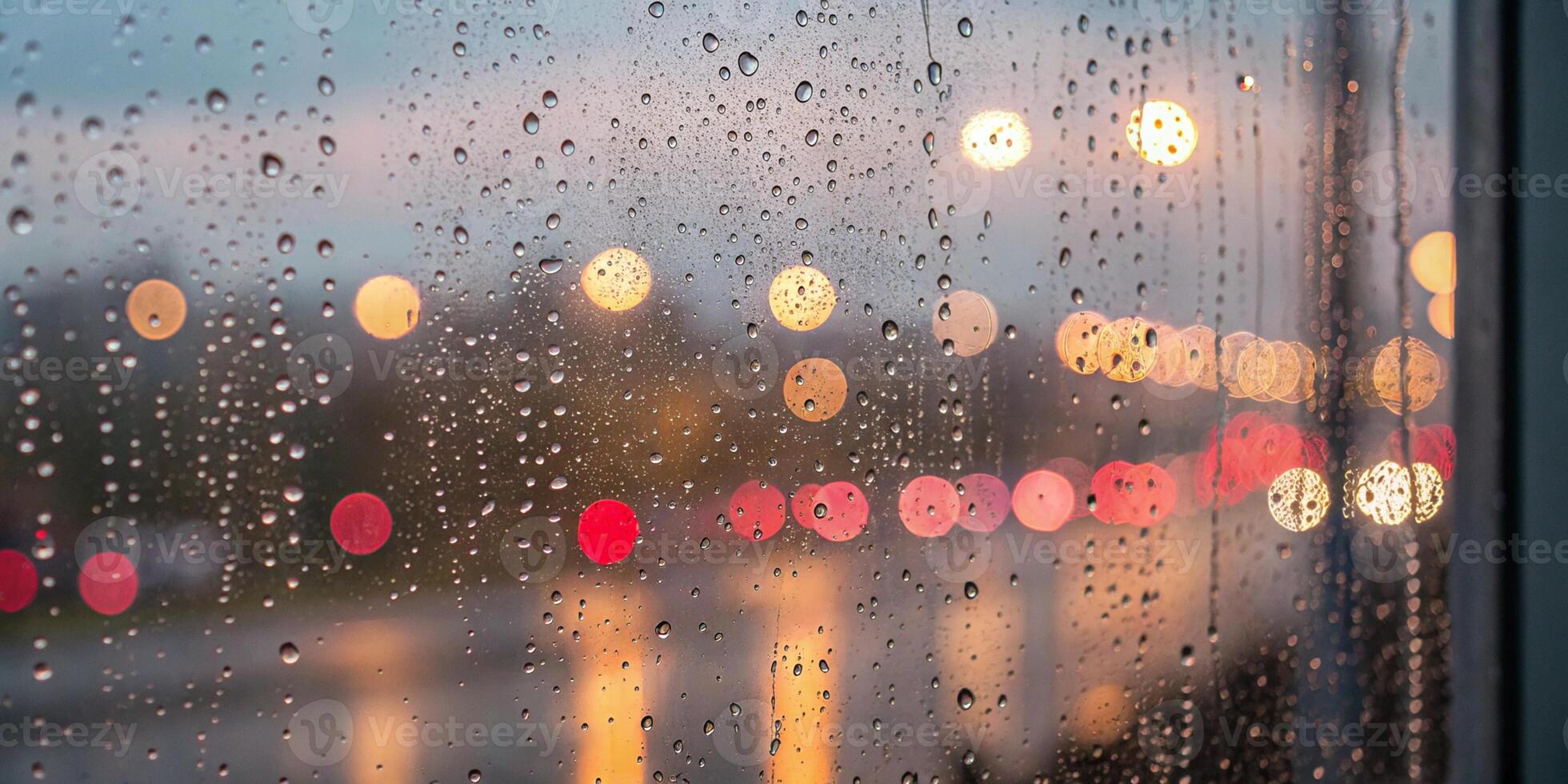 A rain covered glass window with soft, colorful bokeh behind it, creating a dreamy, abstract effect photo