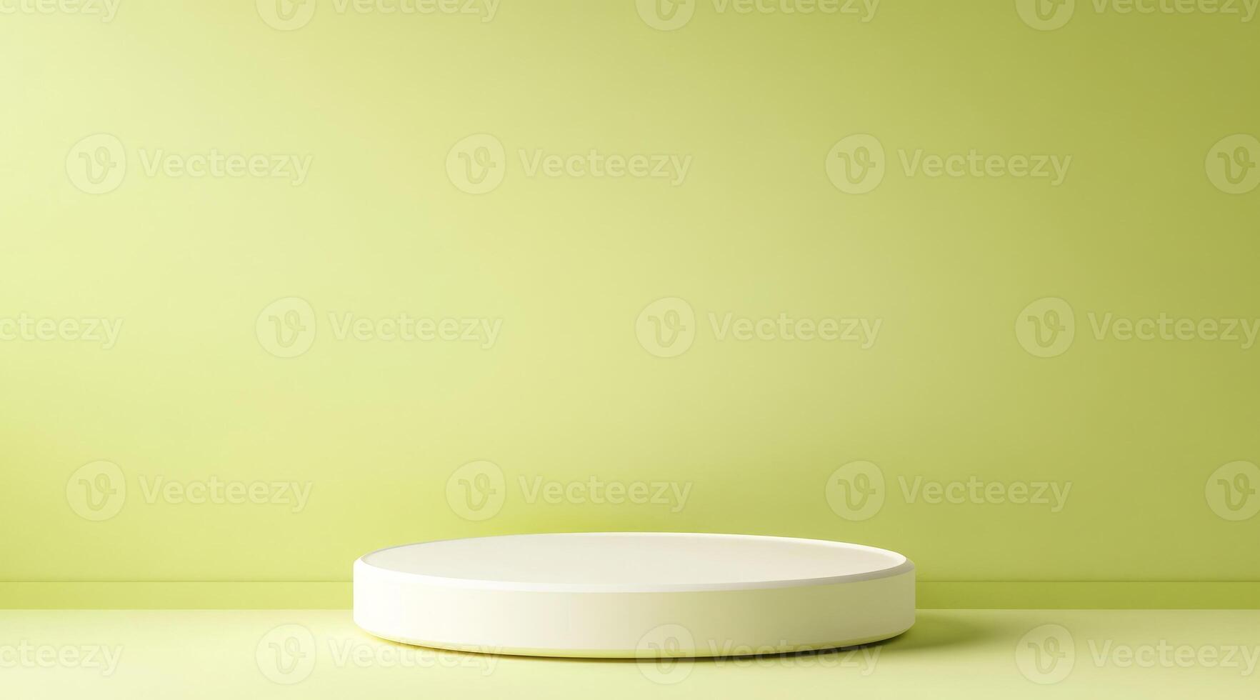 A white oval podium on a pastel green background. Soft rays of light behind. Minimalistic product presentation scene. photo