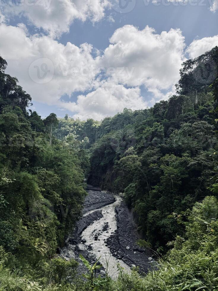Winding River Through Lush Forest. Kapas Biru Waterfall Lumajang photo