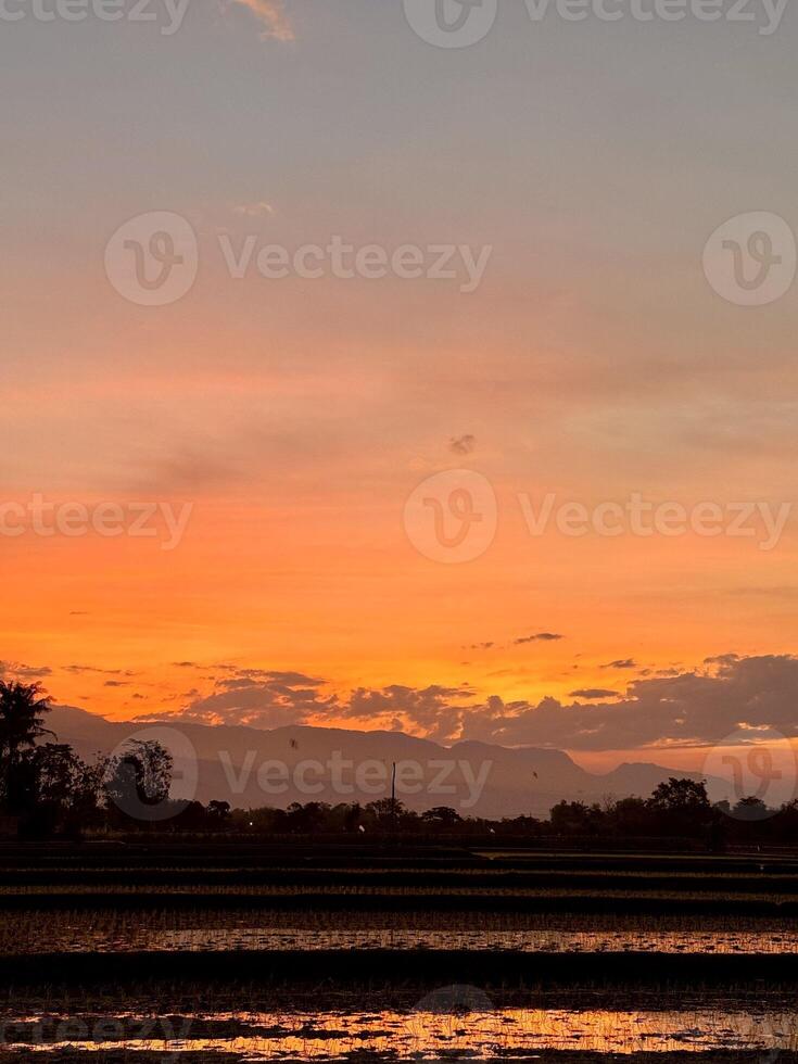 A serene sunset over a rural landscape with silhouetted trees and distant mountains. photo