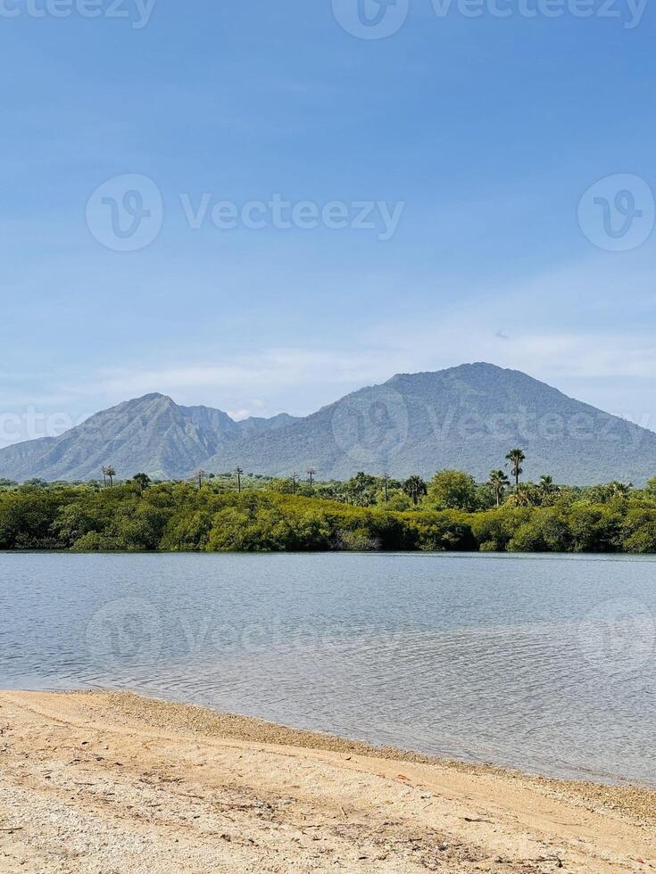 Serene Lake and Mountain Landscape. Sijile Beach Baluran National Park, SItubondo, Indonesia photo