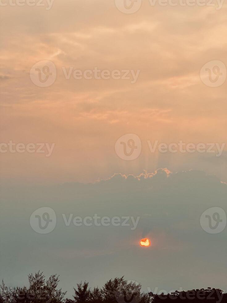 Serene Sunset with Glowing Sun and Silhouetted Trees photo