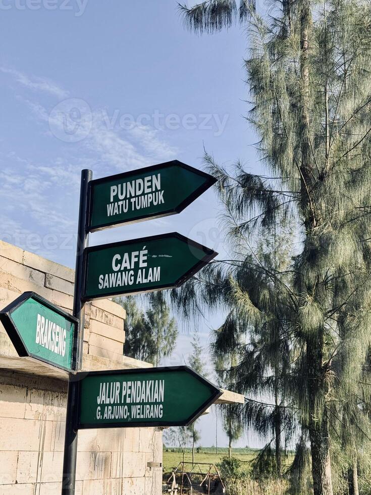 Directional Signpost to Local Attractions and Hiking Trail. Brakseng Cangar Batu. photo