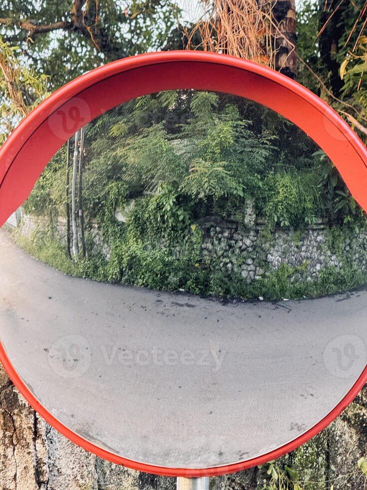 Convex Traffic Mirror Reflecting Road and Greenery photo