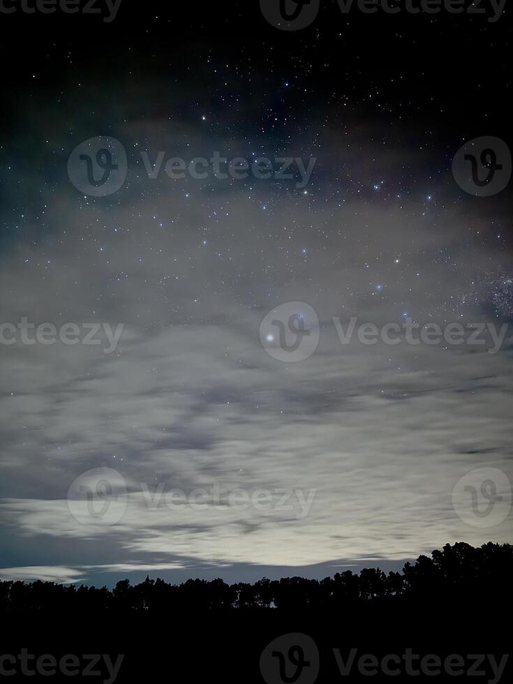 Starry Night Sky with Clouds and Silhouetted Trees. Kawah Wurung Ijen Geopark photo