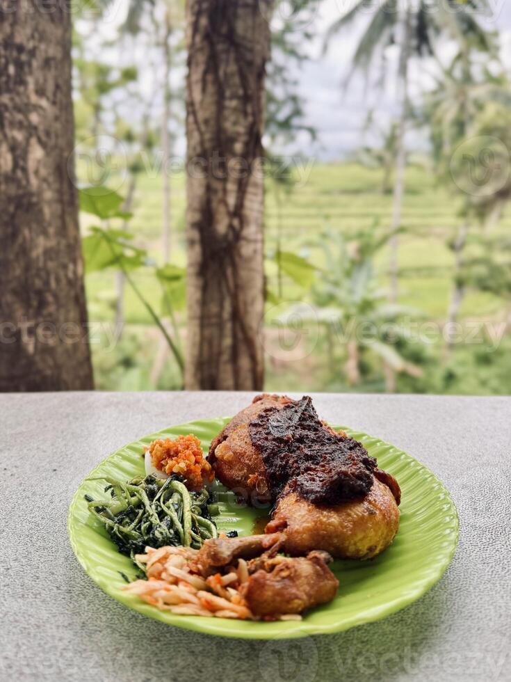 Indonesian Fried Chicken with Sambal and Vegetables photo