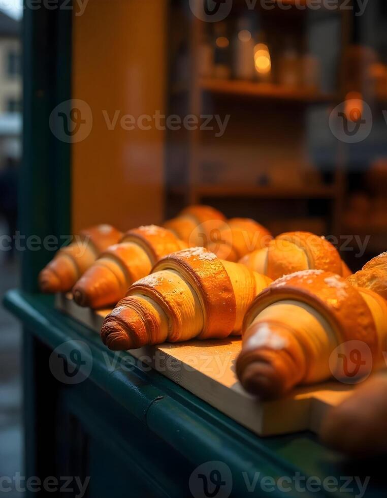 Croissants in a bakery window photo