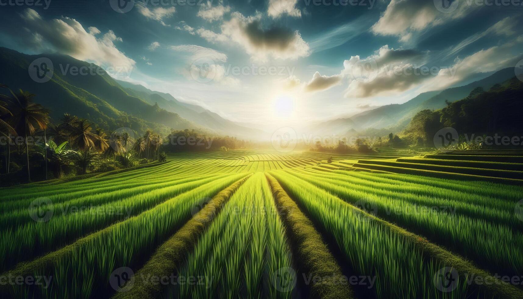 A beautiful landscape with rice fields and mountains photo