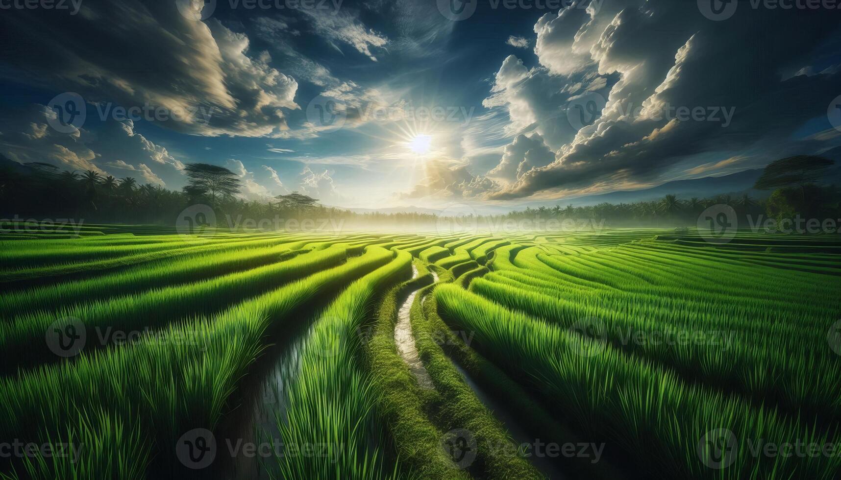 A beautiful green rice field with the sun shining through photo