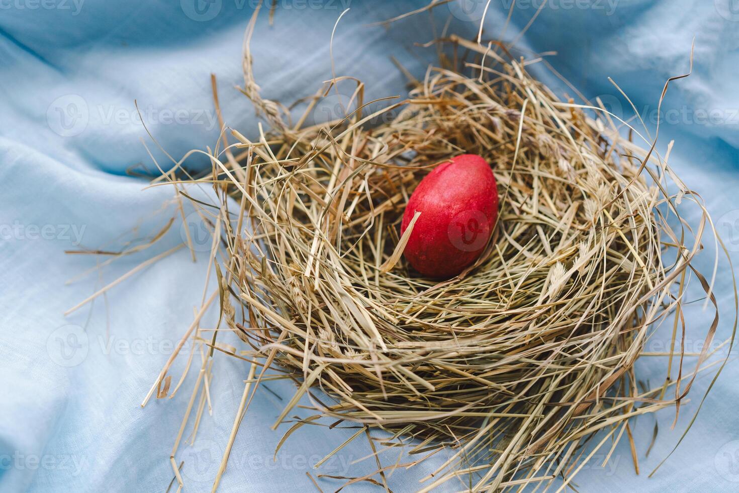 Colorful Easter eggs nestled in a nest surrounded by flowers and straw on a light blue background photo