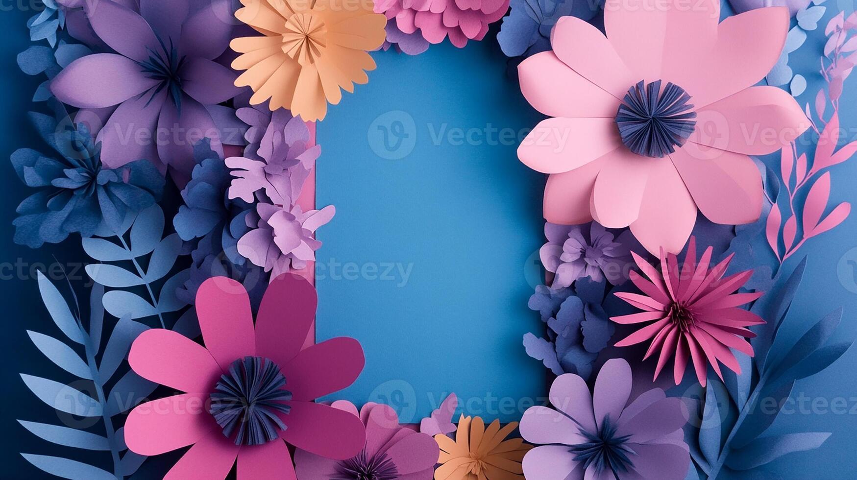 Beautiful Paper Flowers Frame on Blue Background photo
