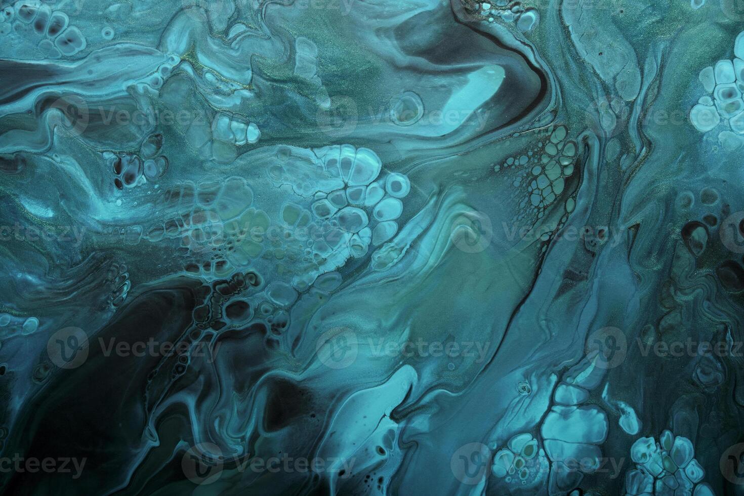 Metallic blue abstract waves with golden particles on black background. Marble effect background or texture photo