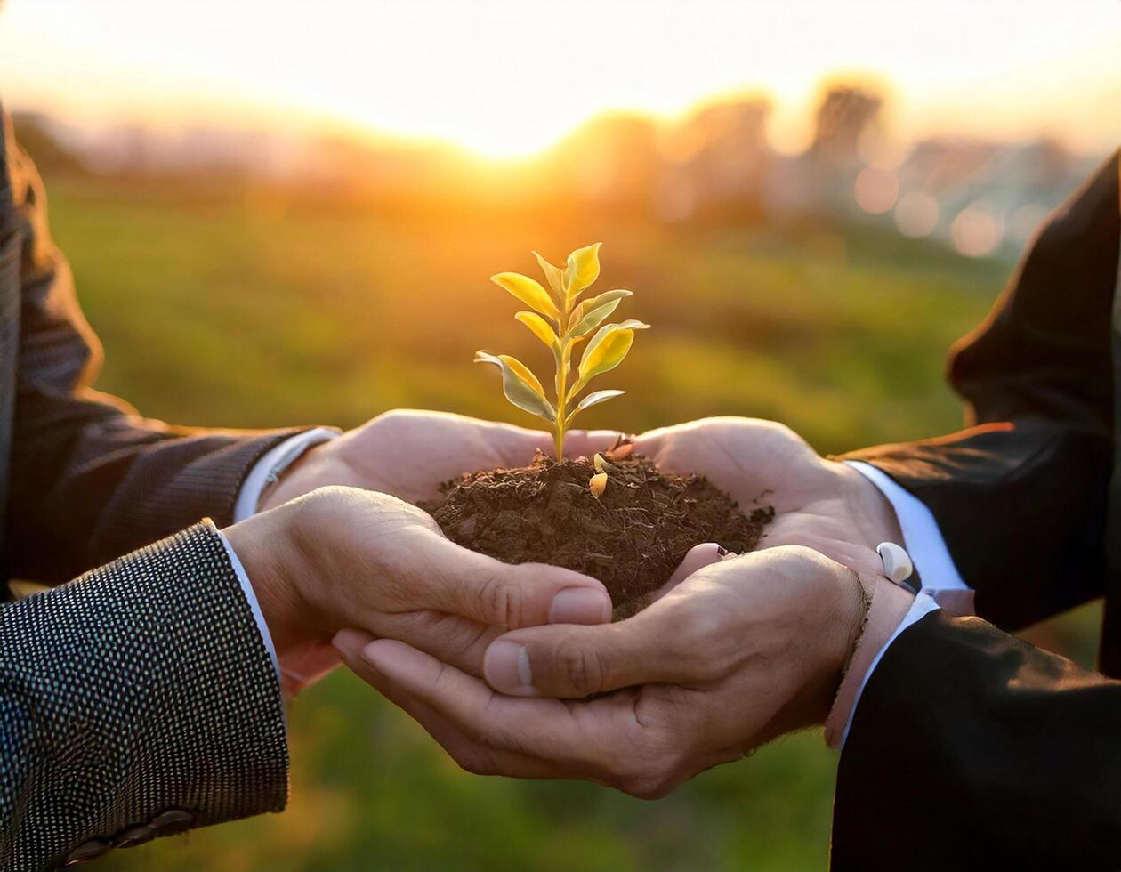 environment cooperation. unity of business people and community together protection small sprout with hand. future environment cosevation and sustainable modernization development. photo