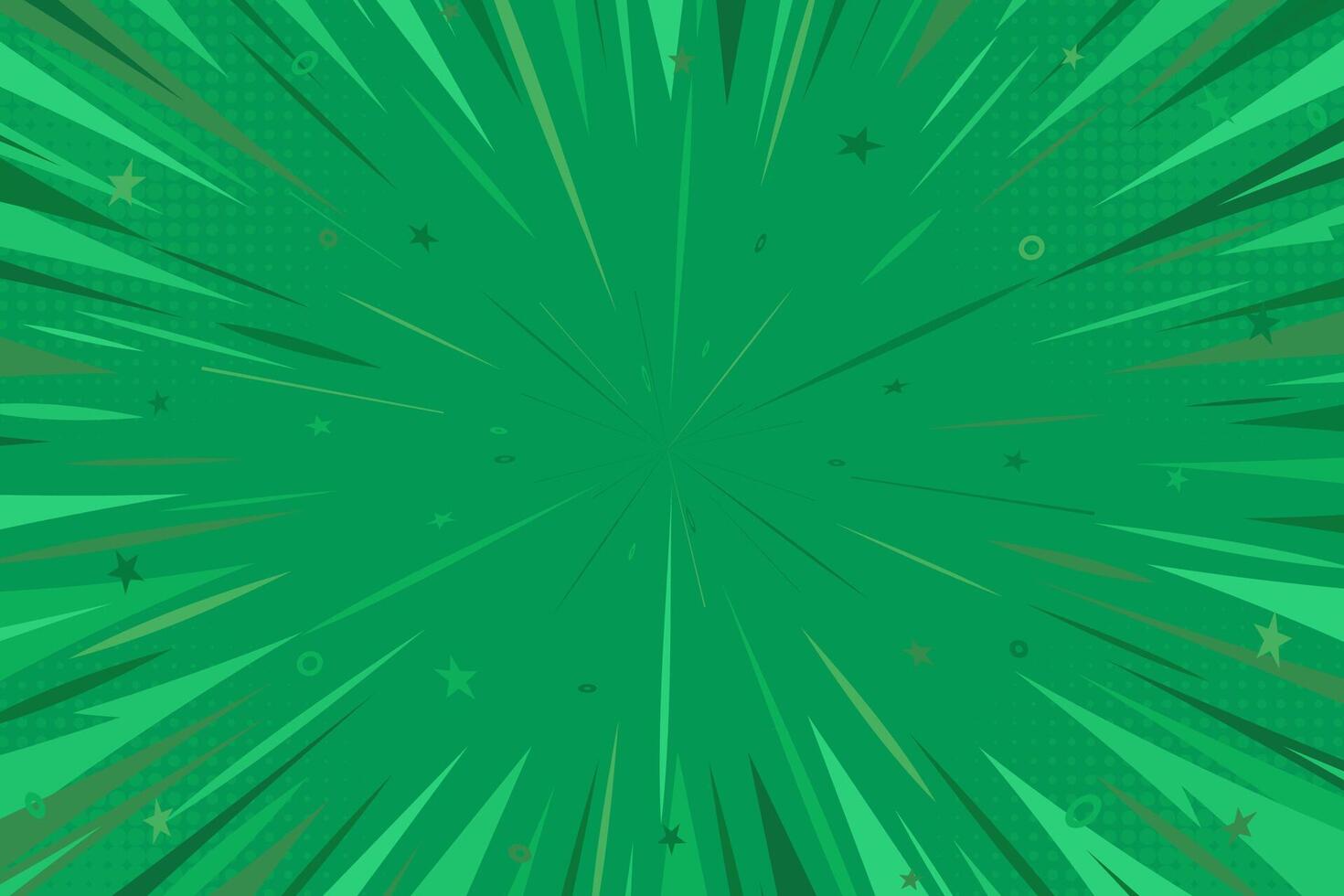 Pop art comic green background. Radial line manga backdrop with halftone, stars and decorative circles. Superhero comics design vector