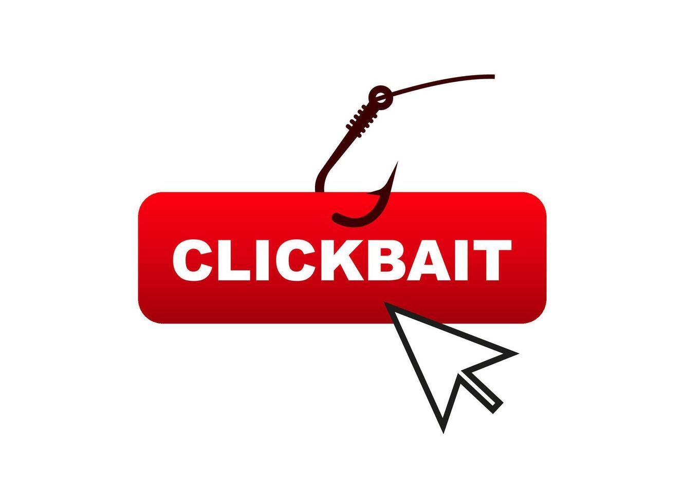 Clickbait concept with hook and cursor over red rectangular button illustrating misleading tactics vector