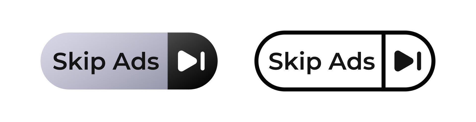 Skip ads icons showing horizontal button with arrow play symbol in two different styles vector