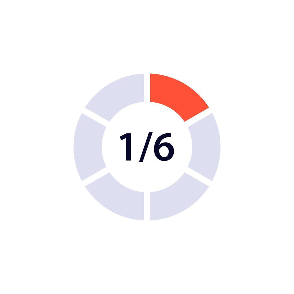 Progress icon showing one sixth completed in circular design with bold black text detail vector