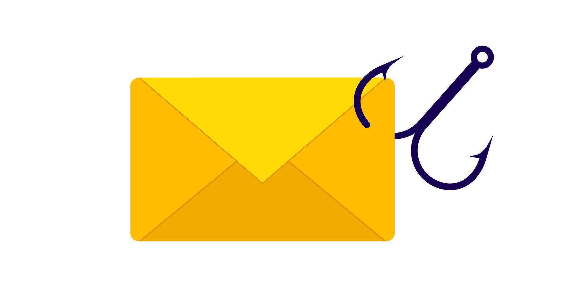 Yellow envelope and fish hook symbolizing email phishing threat in digital communication vector