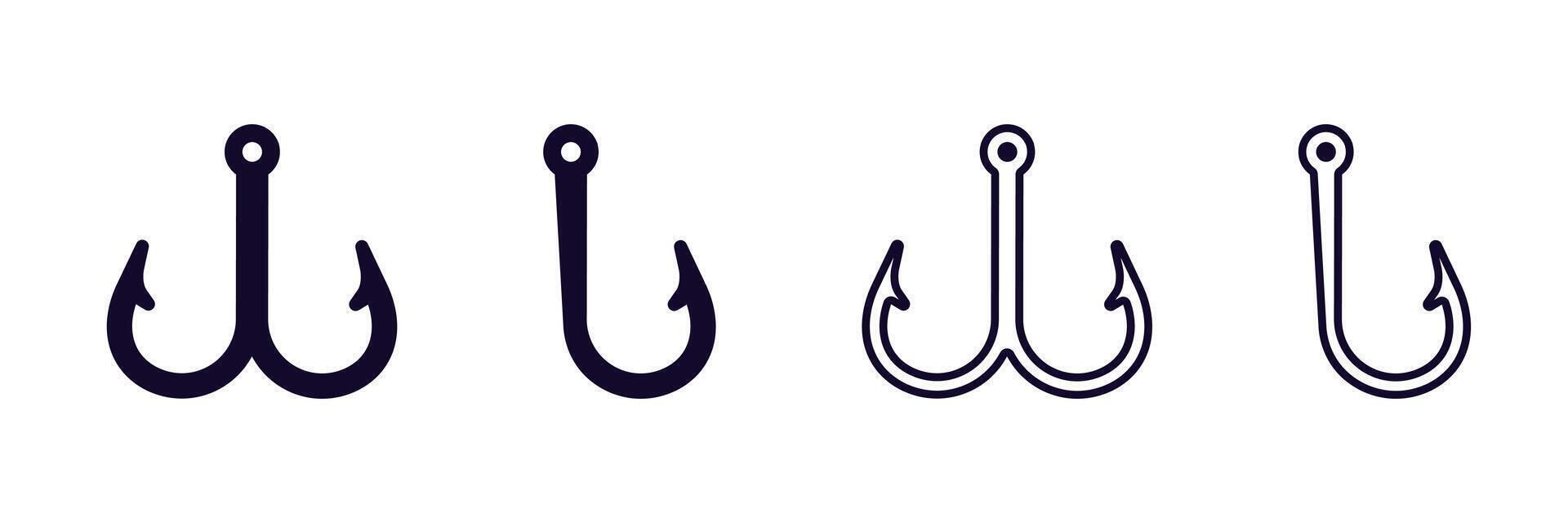 Four simple fishing hooks illustrations in black and white for angling enthusiasts vector