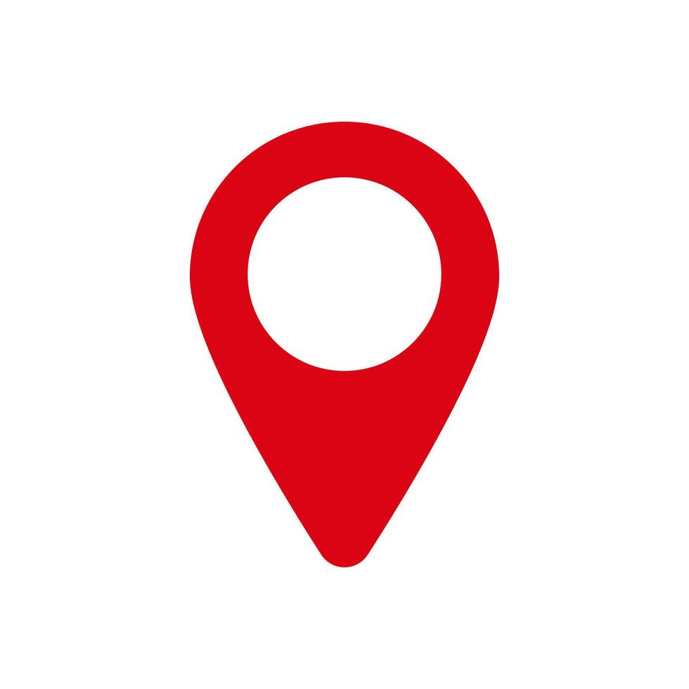 Red map pin icon isolated with pointed tail and inner white circle design vector