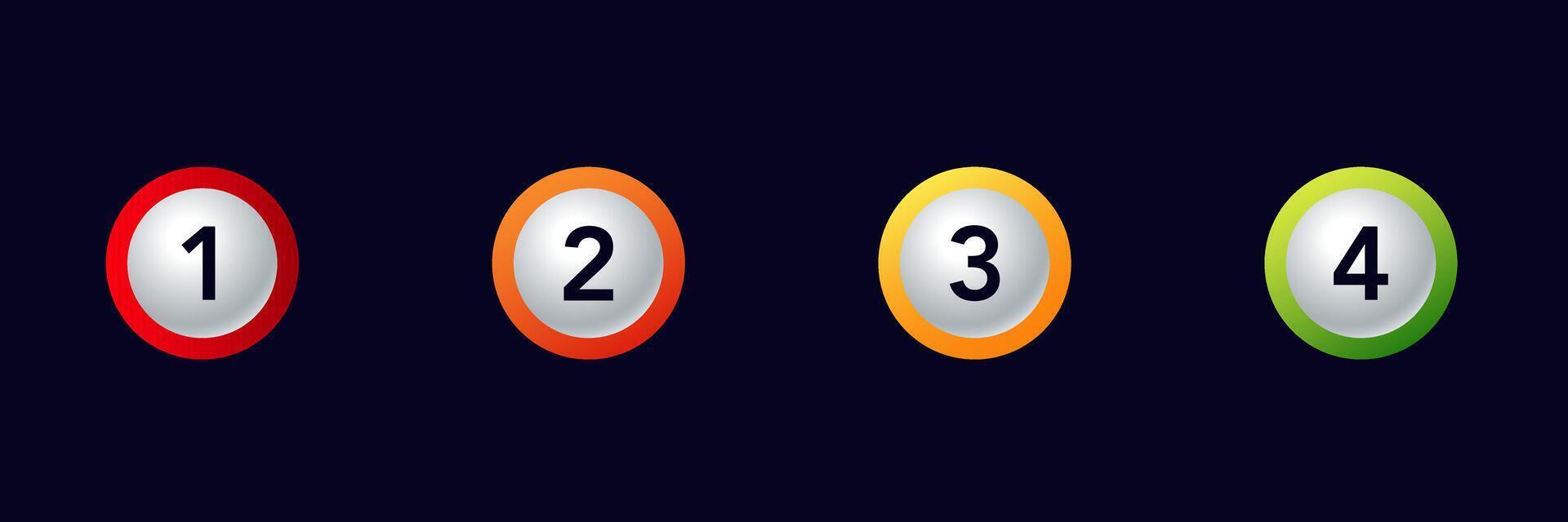 Four billiard balls numbered one to four in red orange yellow green circular rings vector
