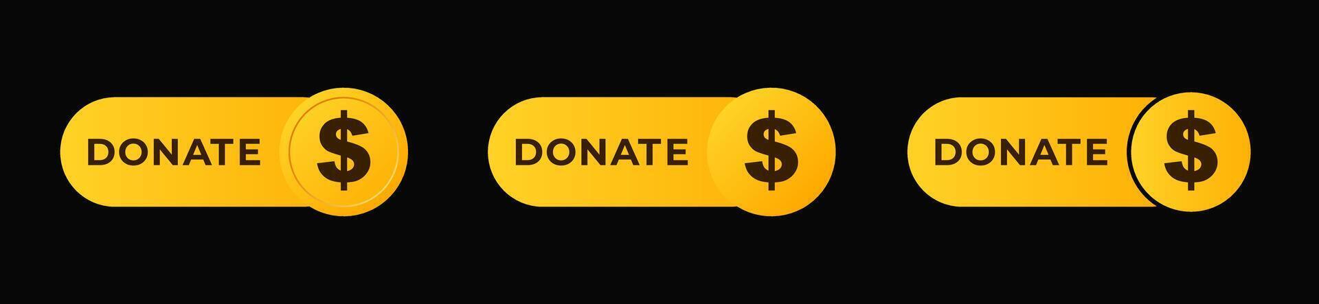 Three yellow donate buttons with dollar symbols in horizontal arrangement vector