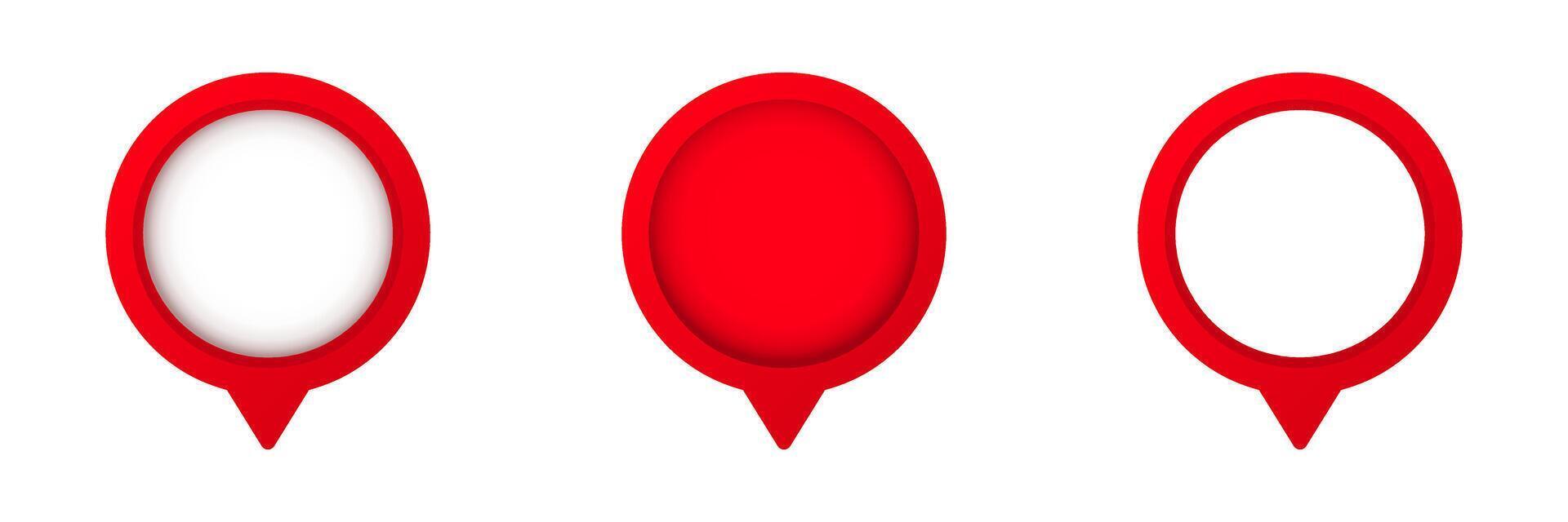 Three red circular pin markers in different fill styles set vector