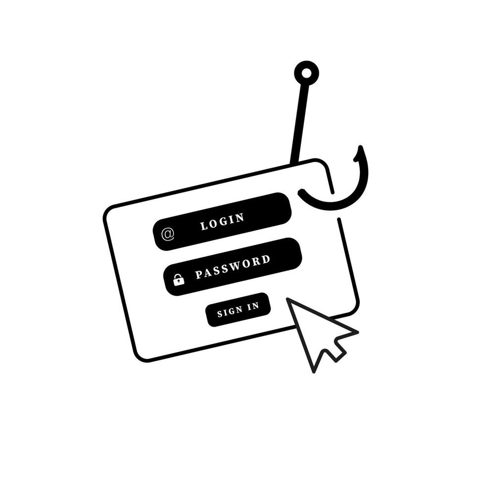 Phishing email concept with login forms and fish hook signifying cybersecurity threat vector