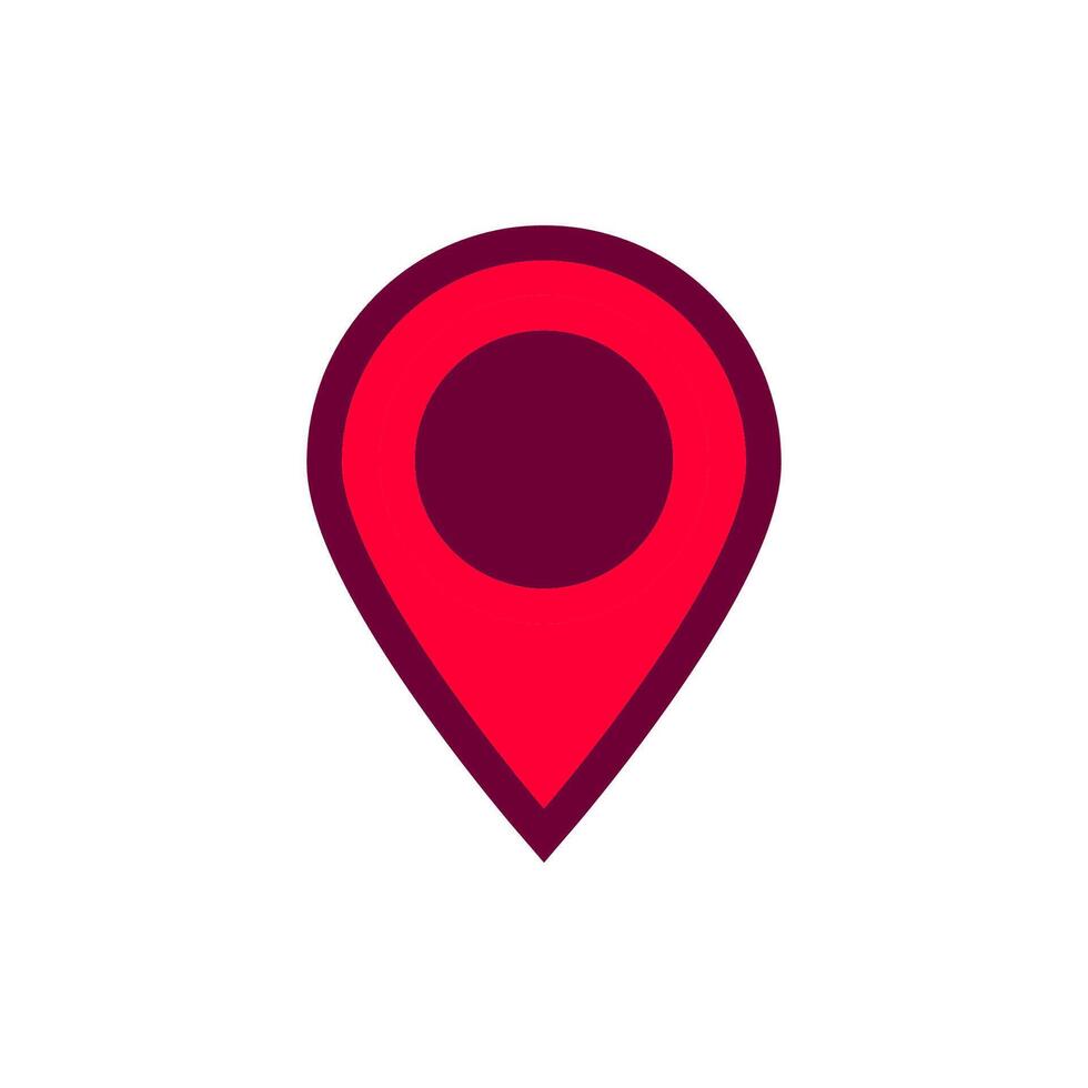 Bright red location pin symbol with dark circle center on white plain vector