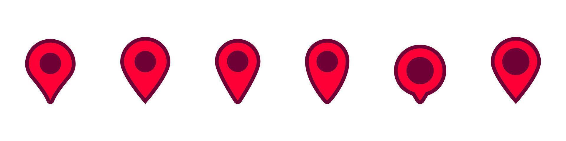 Red map pins in a sequence showing various stages of design and style variations vector