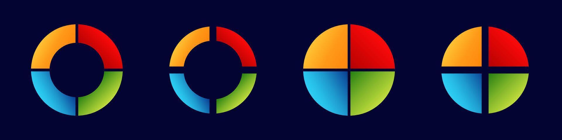 Colorful pie charts in circular shapes representing data visualization and analysis vector