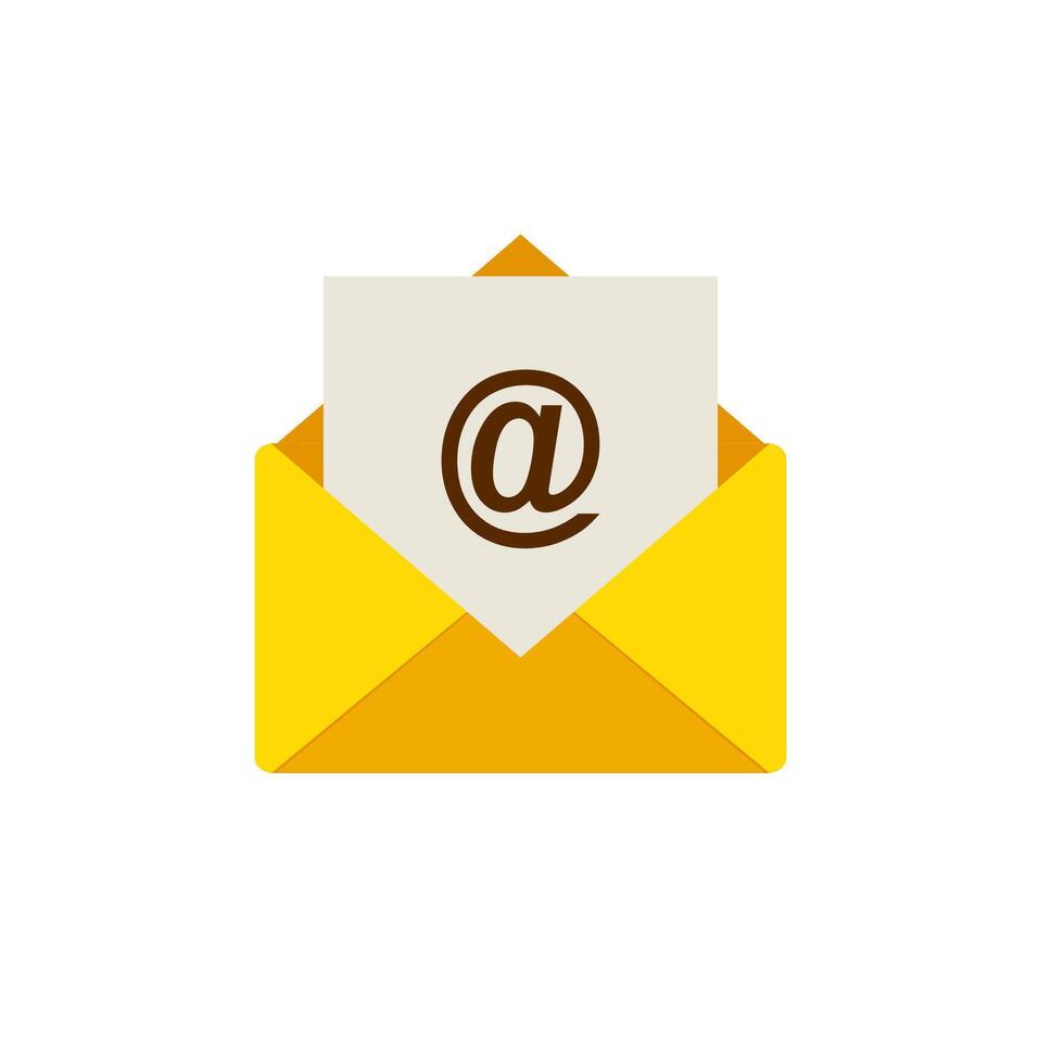 Open yellow envelope with email symbol inside depicting communication concept vector