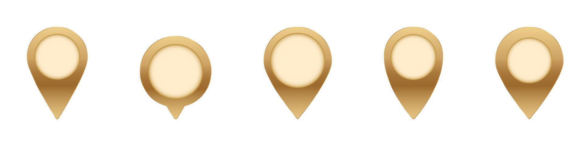 Five golden map pins in a line showing elegant navigation points icon set concept vector
