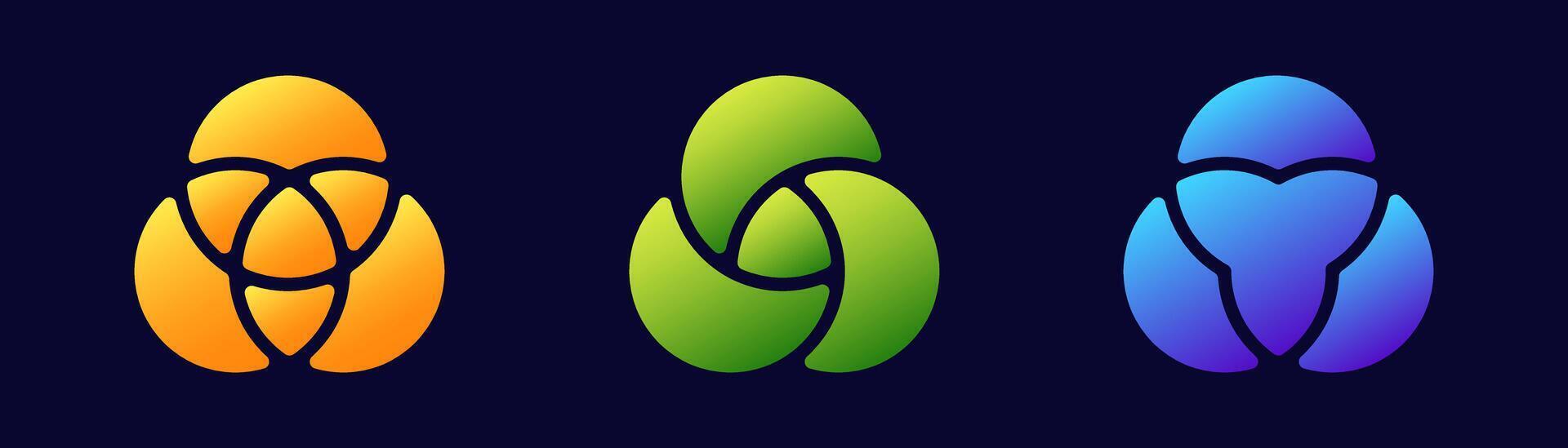 Three colorful abstract logos with smooth curves in yellow, green, and blue designs vector