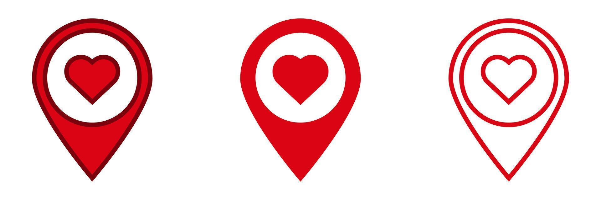 Three heart-shaped location markers in bold red tones symbolizing love and connection vector