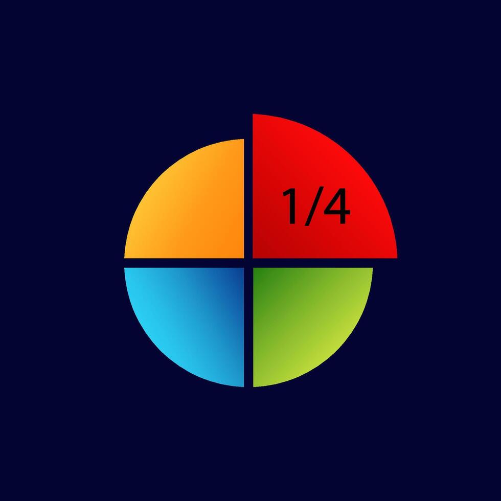 Colorful pie chart with one fourth highlighted in red segment for data representation vector