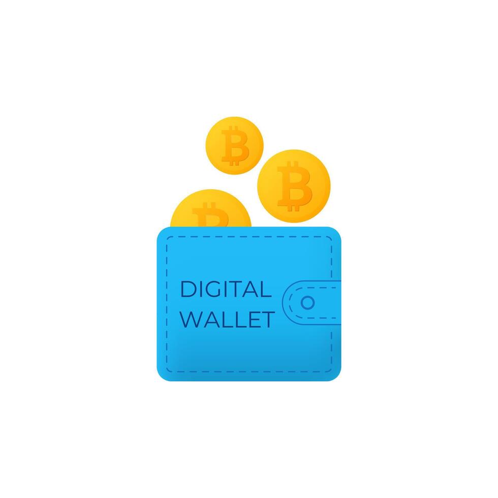 Bright blue digital wallet with three floating bitcoin coins in simple design vector