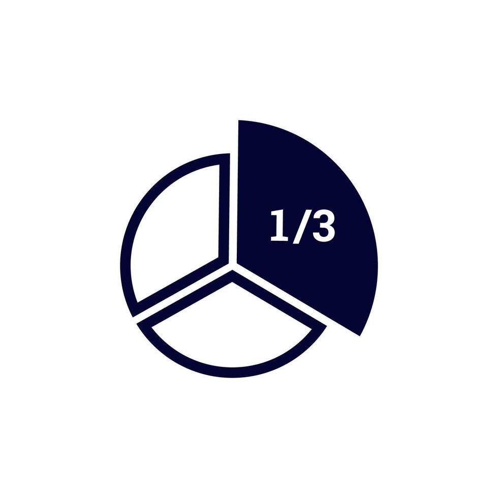 Simple black and white pie chart showing one third fraction with bold numbered segment vector