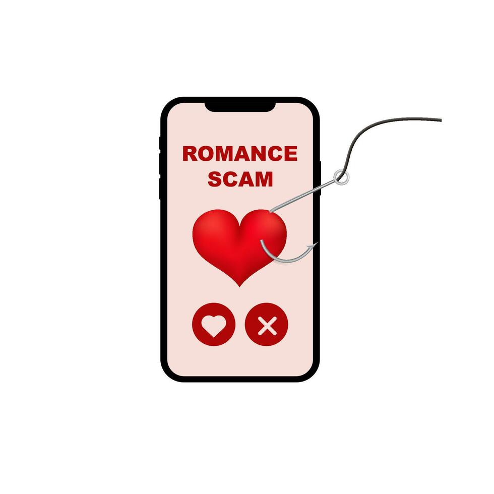 Digital trap romance scam warning with heart icon and hook on mobile phone screen vector