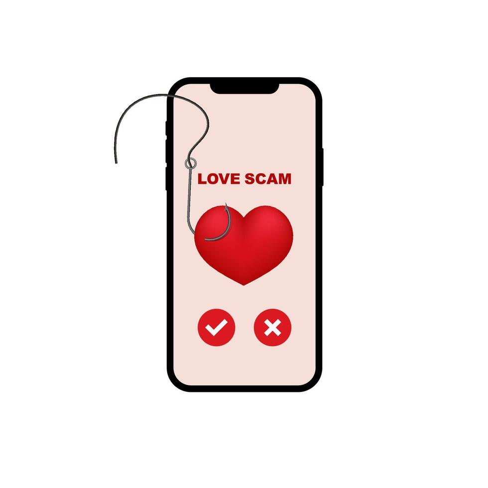 Mobile phone showing love scam concept with red heart and phishing hook visual representation vector