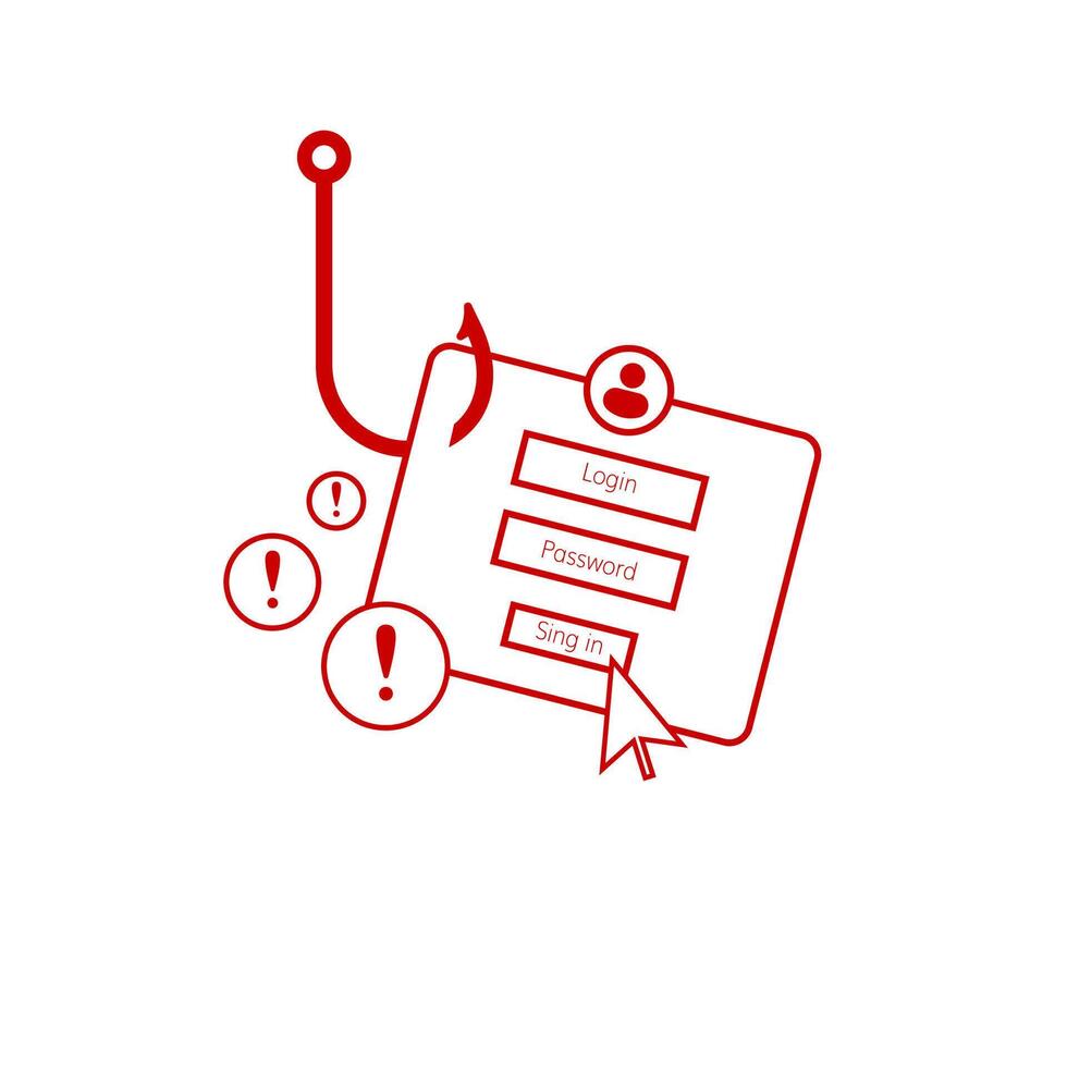 Red alert phishing graphic with hook and login form symbolizing internet security threat vector