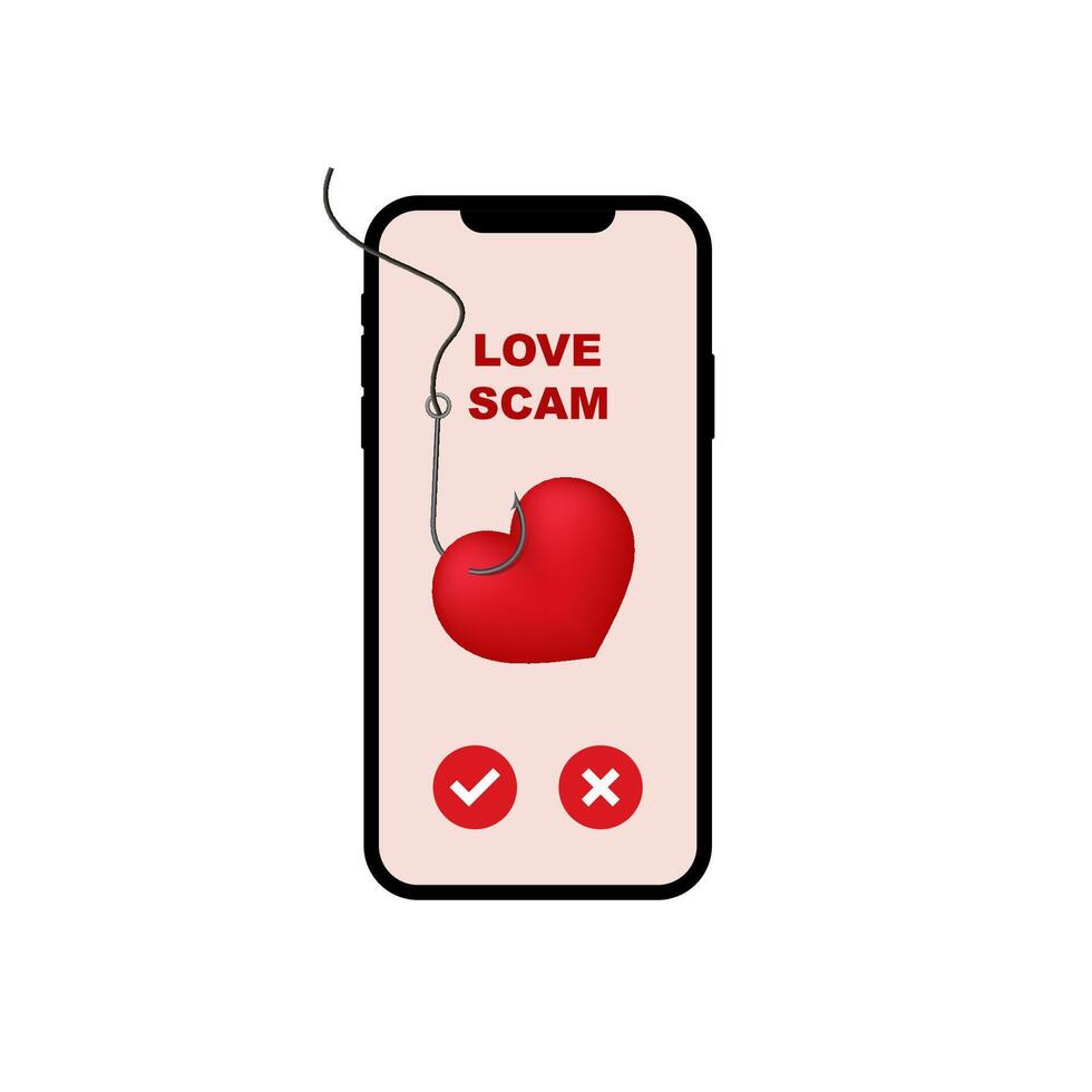 Phone screen shows heart with hook representing online love scam alert message vector