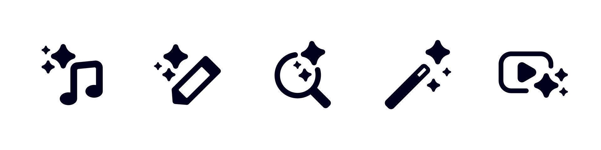 Music note, eraser, magnifying glass, magic wand, and play icons with sparkles vector