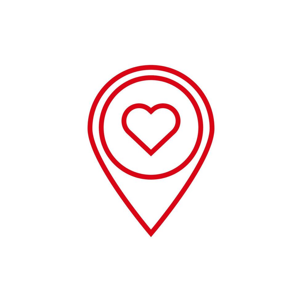 Red heart map pin icon represents love and location in simple design with bold lines vector
